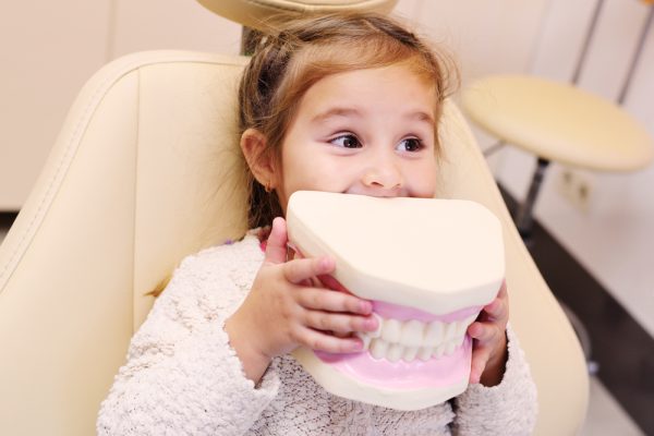 Baby,Girl,Smiling,Sitting,In,Dental,Chair,With,Artificial,Jaw